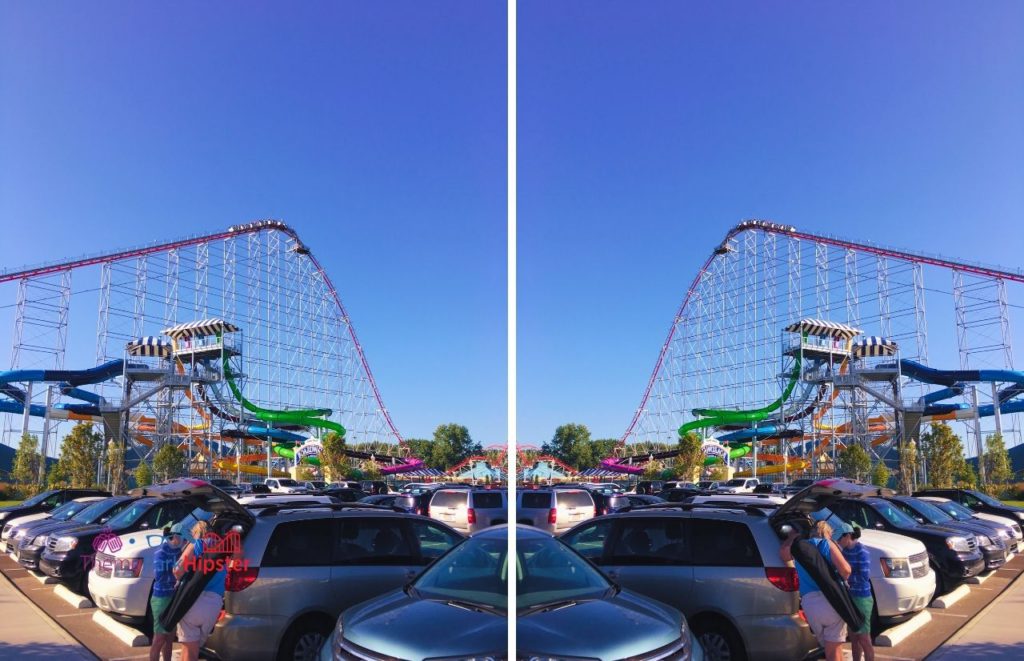 Cedar Point Magnum XL roller coaster view from parking lot and Cedar Point Shores Water Park. One of the best things to do at Cedar Point.