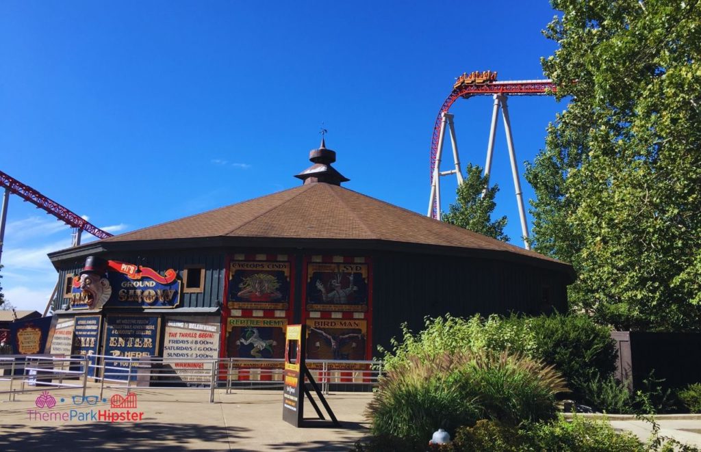Cedar Point Maverick Roller Coaster Drop Behind Freak Show Haunted House at Halloweekends