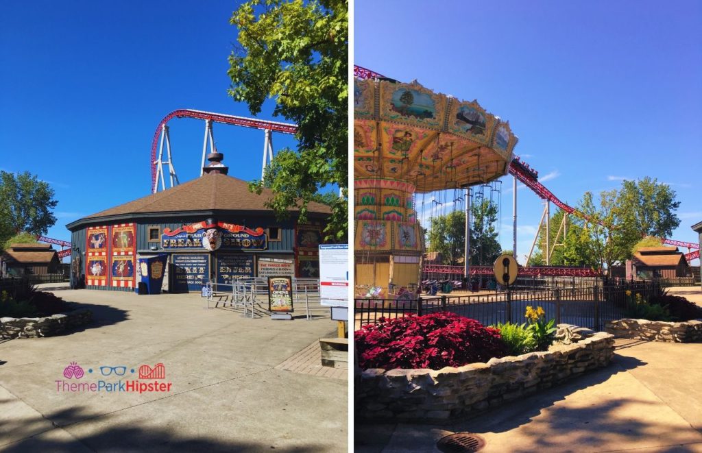 Cedar Point Maverick Roller coaster behind Freak Show Haunted House for Halloweekends and the swings