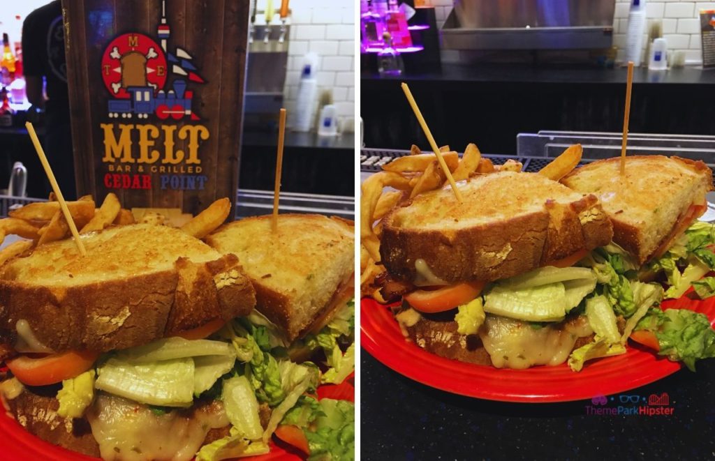 Cedar Point Melt Bar and Grill with chicken sandwich. Keep reading for more Cedar Point Solo Travel Tips!