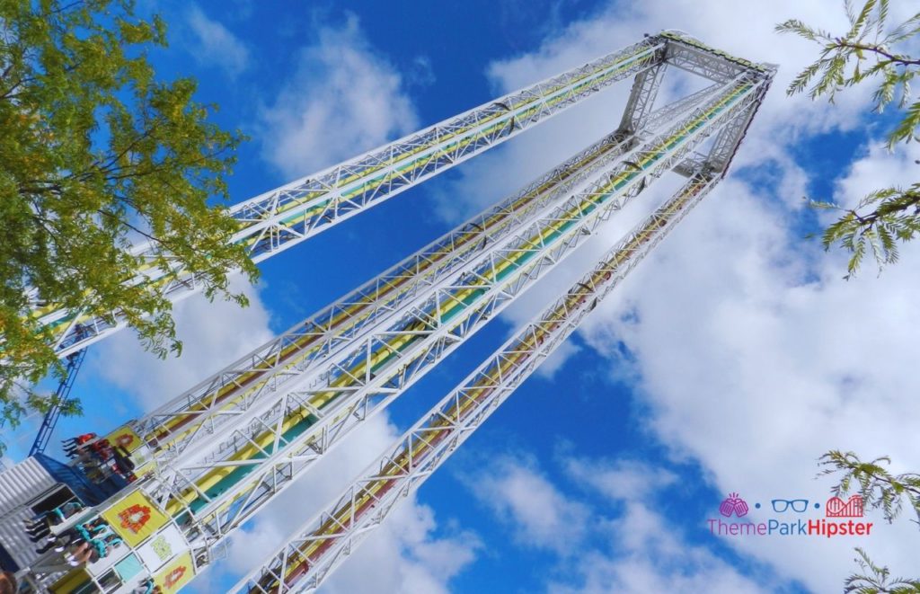 Cedar Point Power Tower Drop Tower from an angle. Keep reading to find out the best Cedar Point 1-day itinerary.
