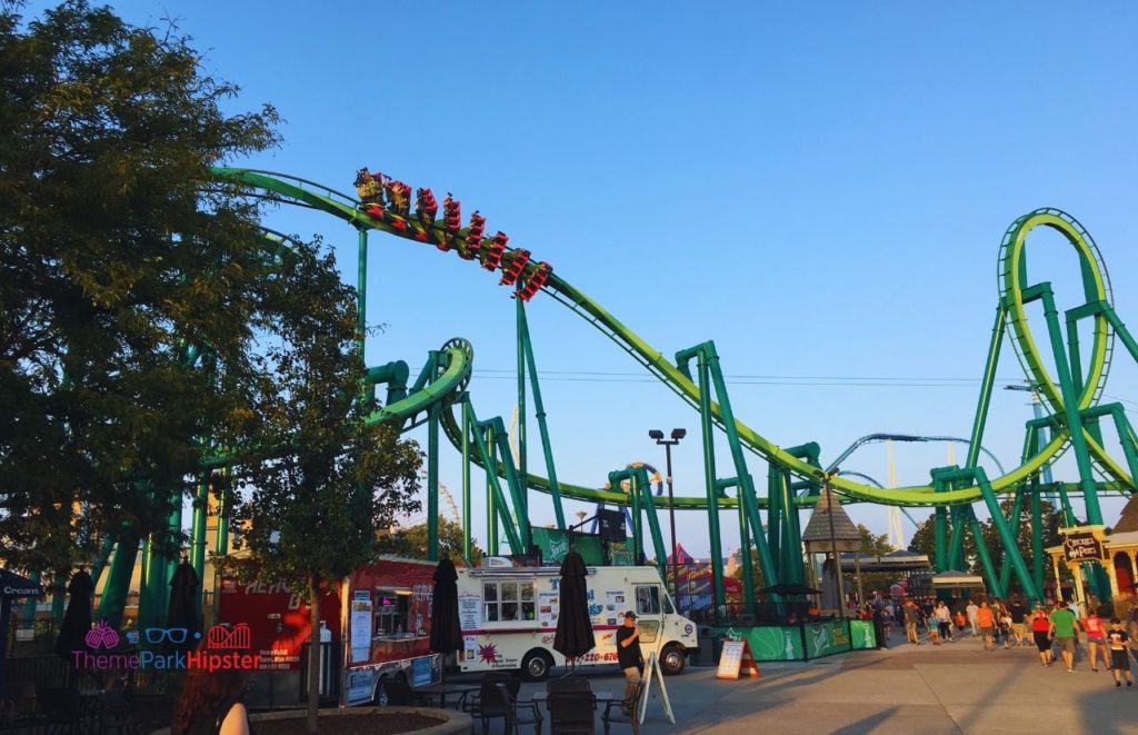 Cedar Point Raptor Roller Coaster Twist and Turns in front of Food Trucks. Keep reading to learn about the best Cedar Point rides.