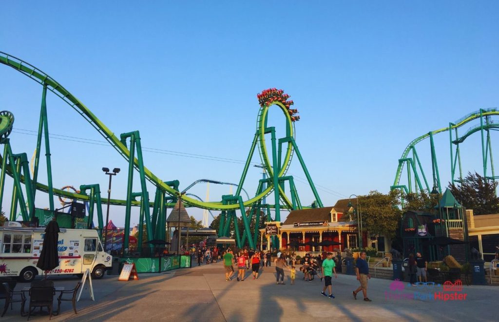 Cedar Point Raptor Roller Coaster going over loop