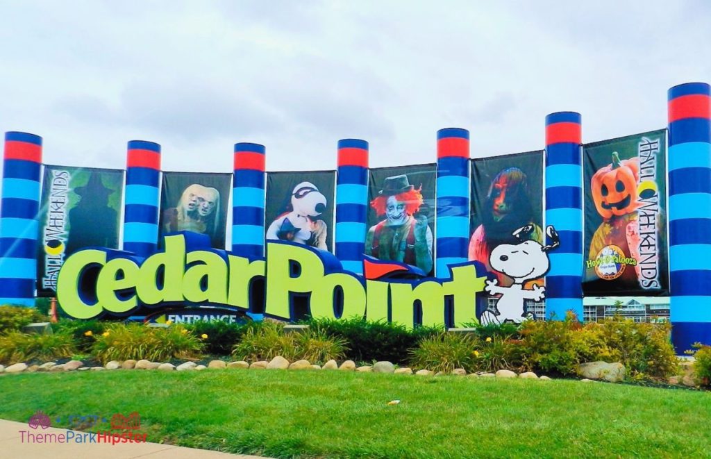 Cedar Point Sign at Entrance for Halloweekends. Keep reading to learn about Valravn roller coaster at cedar point.