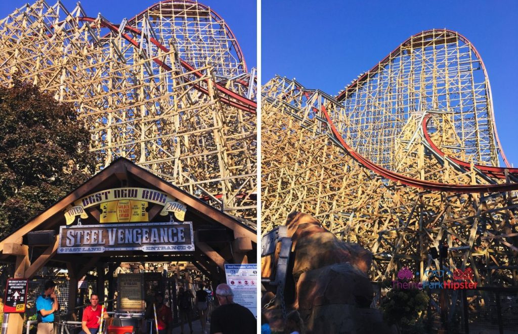 Cedar Point Steel Vengeance Roller Coaster Entrance area and drop. Keep reading to see who wins in the Iron Gwazi vs Steel Vengeance battle!