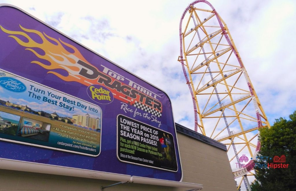Cedar Point Top Thrill Dragster Sign. Keep reading to learn about the tallest roller coaster at Cedar Point.