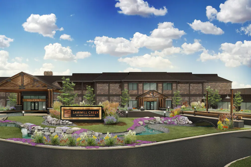 Concept Art for Sawmill Creek by Cedar Point Resorts with an illustration of the front of Sawmill Creek.  Keep reading to find out more about the best things to do at Cedar Point. 