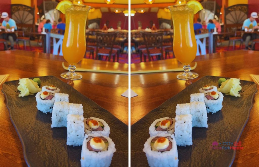 Disney Polynesian Resort Village Sushi and Back Scratcher Cocktail. Keep reading see what's the best sushi in Disney World.