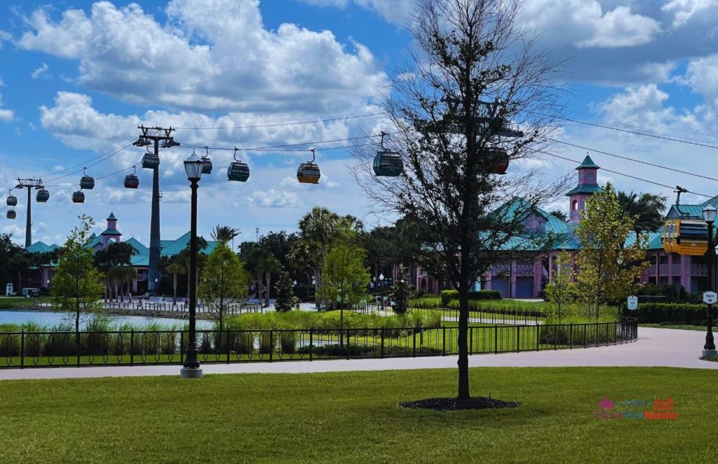 Disney Riviera Resort Skyliners overlooking Caribbean Beach Club. Keep reading to get the full Disney World Skyliner Guide with the Cost, Hours, Tips and more!