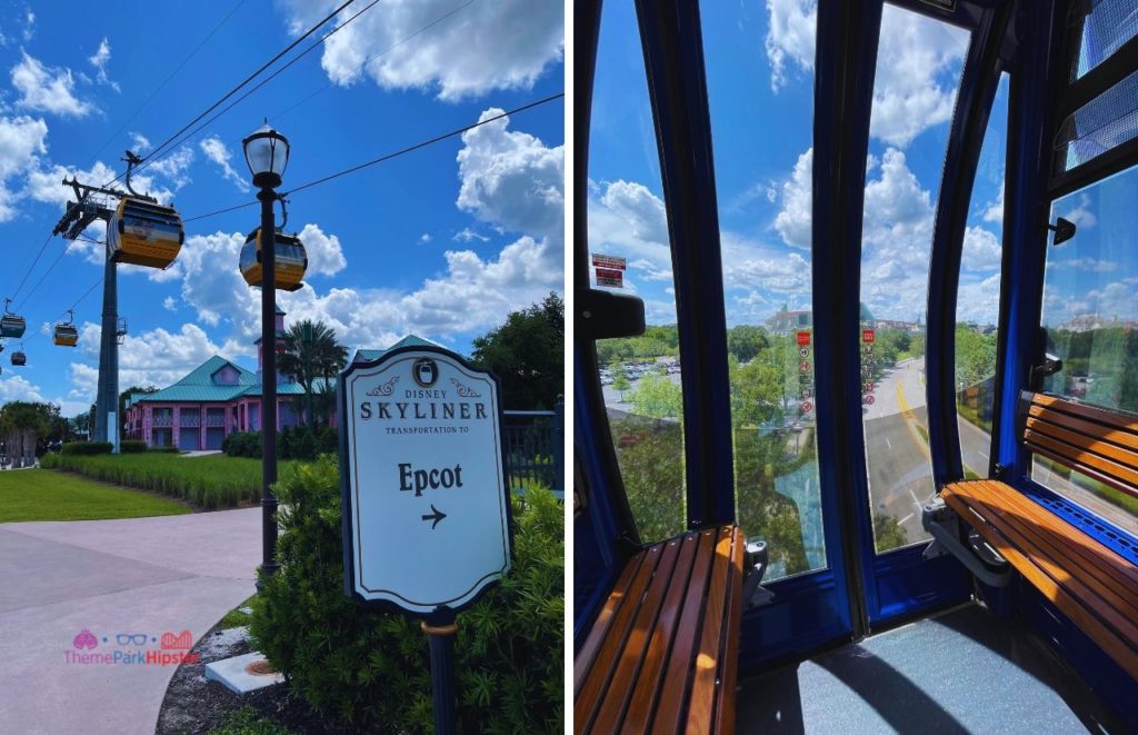 Disney Riviera Resort skyliner interior to Epcot. Keep reading to get the full Disney World Skyliner Guide with the Cost, Hours, Tips and more!