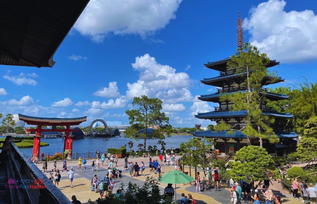 Epcot Japan Pavilion View from the top overlooking World Showcase Lagoon. Keep reading to find out which EPCOT Japanese Restaurant is the BEST?