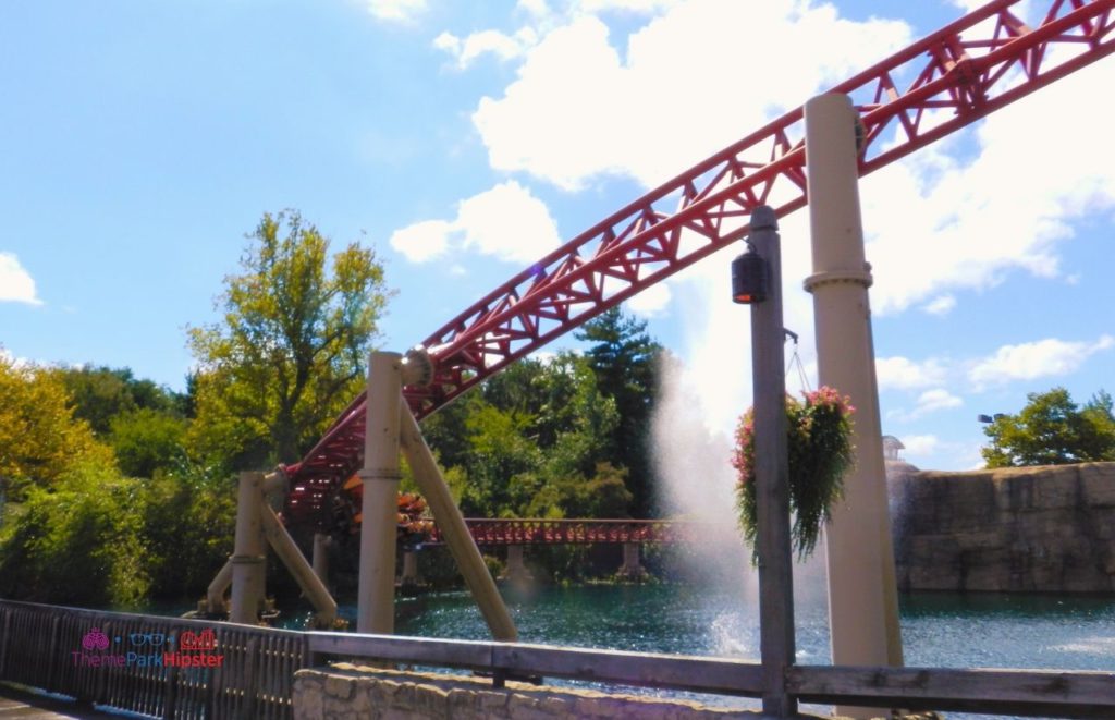 Maverick Roller Coaster going by water canons at Cedar Point