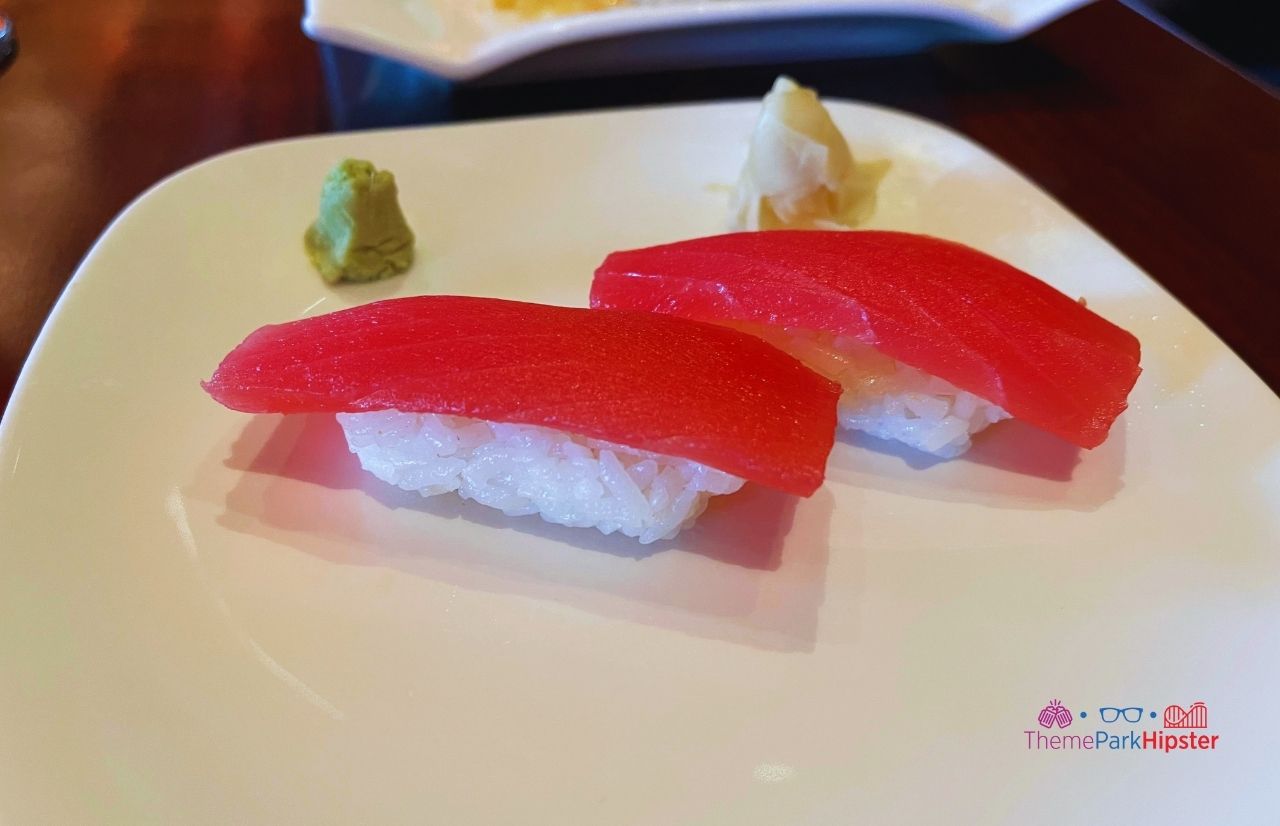 Tokyo Dining Restaurant in Epcot Japan Pavilion Tuna Nigiri. Keep reading see what's the best sushi in Disney World.
