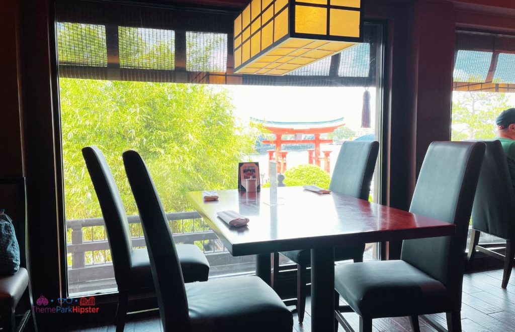 Tokyo Dining Restaurant in Epcot Japan Pavilion View out the window overlooking World Showcase Lagoon. Keep reading see what's the best sushi in Disney World.