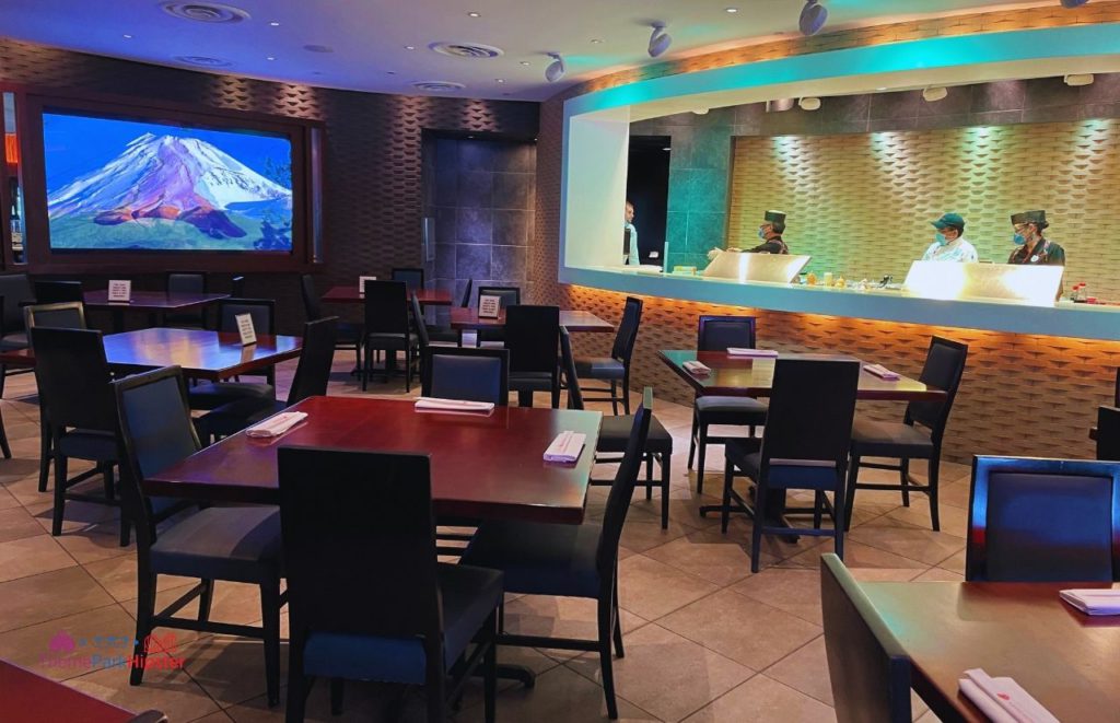 Tokyo Dining Restaurant in Epcot Japan Pavilion Wide angle view of sushi bar. Keep reading see what's the best sushi in Disney World.
