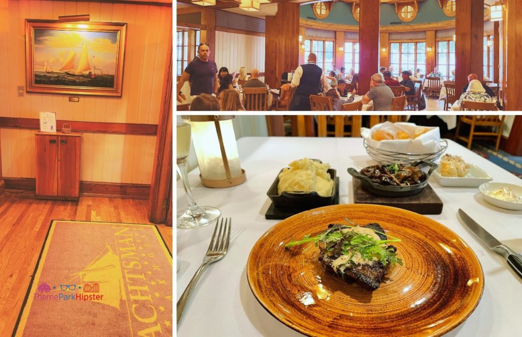 Yachtsman Steakhouse Yacht and Beach Club Resort at Walt Disney World showing a full dining room and a table seating with a steak dinner. Keep reading to discover the most romantic things to do at Disney World for couples. 