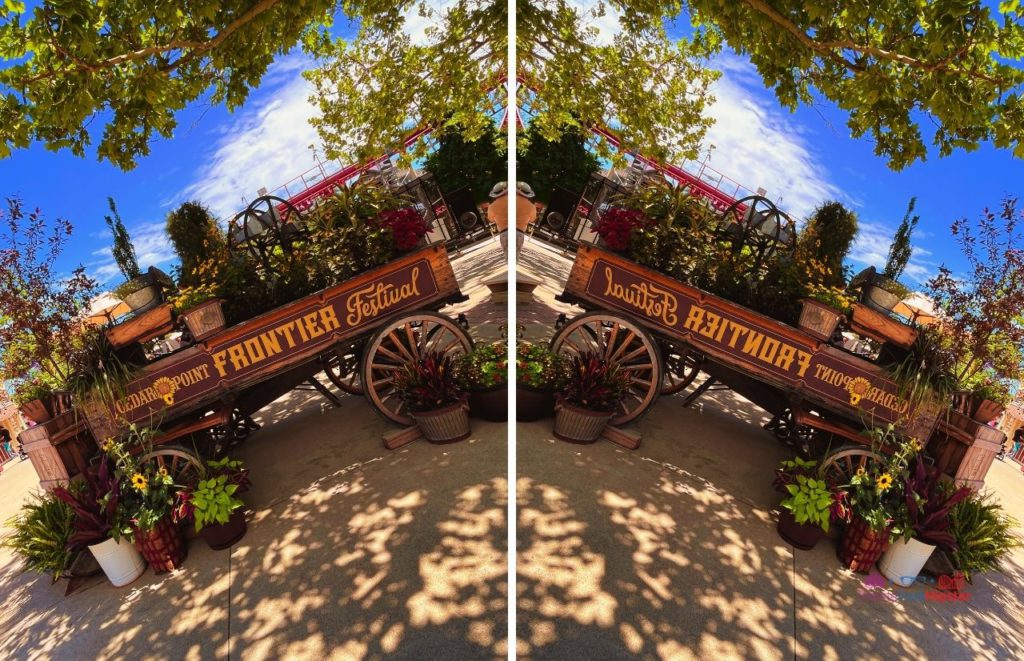 Double photo of a Frontier Festival wagon at Cedar Point with lots of plants and foliage decorating it. Follow along to find out more about the best things to do at Cedar Point. 