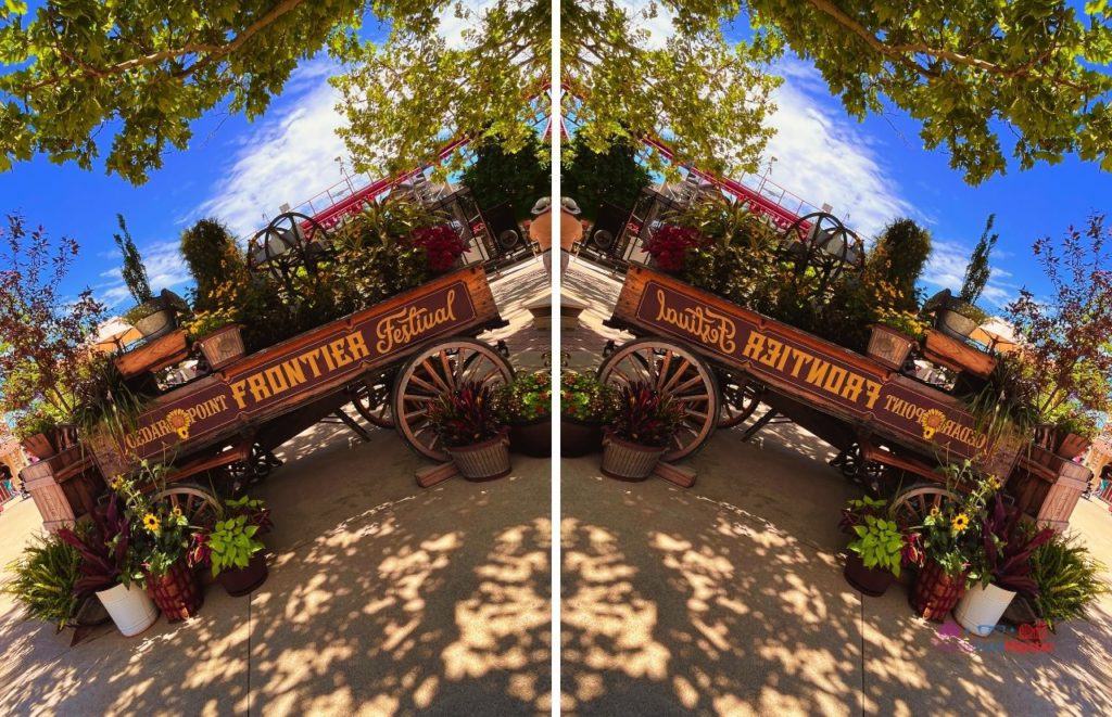 Cedar Point Frontier Festival wagons with vegetation on them.