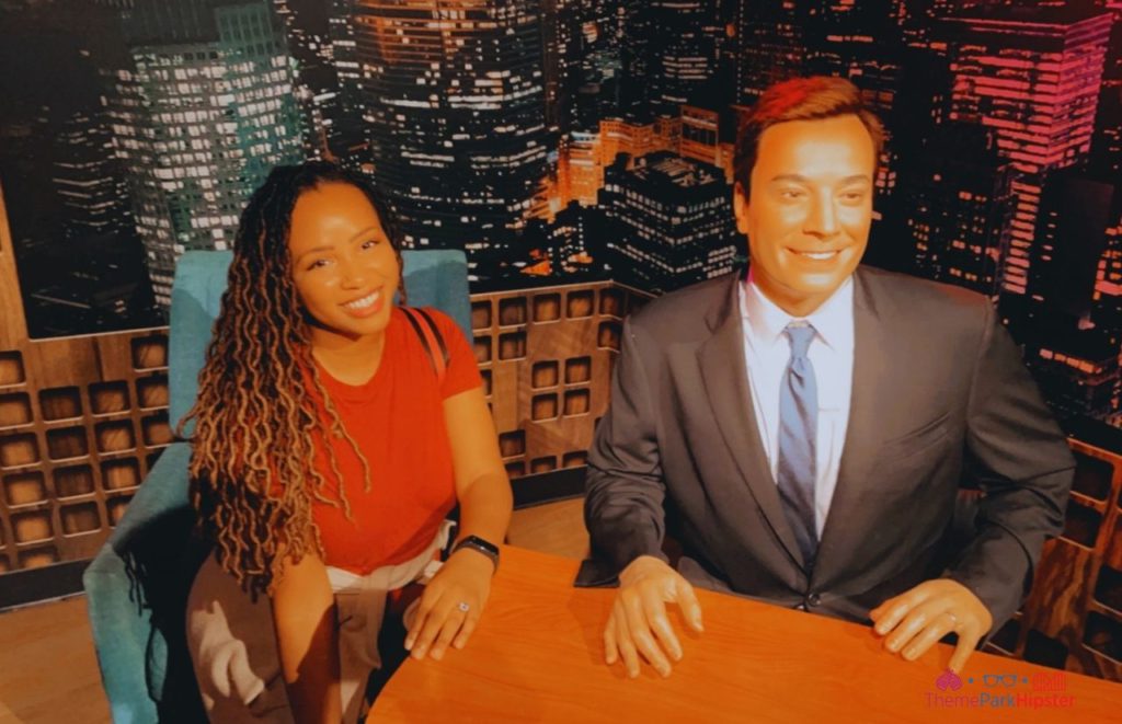 NikkyJ with Jimmy Fallon Madame Tussauds Museum in Orlando Icon Park. Keep reading for fun indoor activities Orlando. 