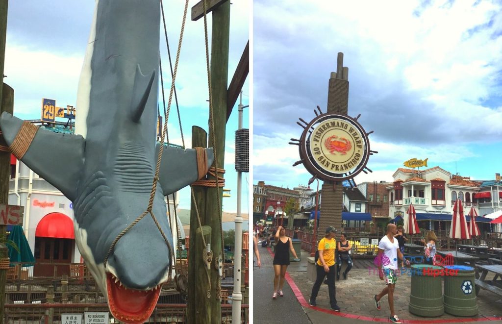 Universal Orlando Resort Bruce the Shark at Fishermans Wharf of San Francisco at Universal Studios Florida. Keep reading to learn about the best Universal Orlando Resort restaurants for solo travelers.