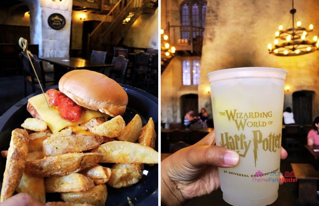 Universal Orlando Resort Chicken Sandwich and Lemon Drink at The Leaky Cauldron of Diagon Alley in the Wizarding World of Harry Potter. Keep reading to get the best Universal Studios Orlando, Florida itinerary and must-do list!