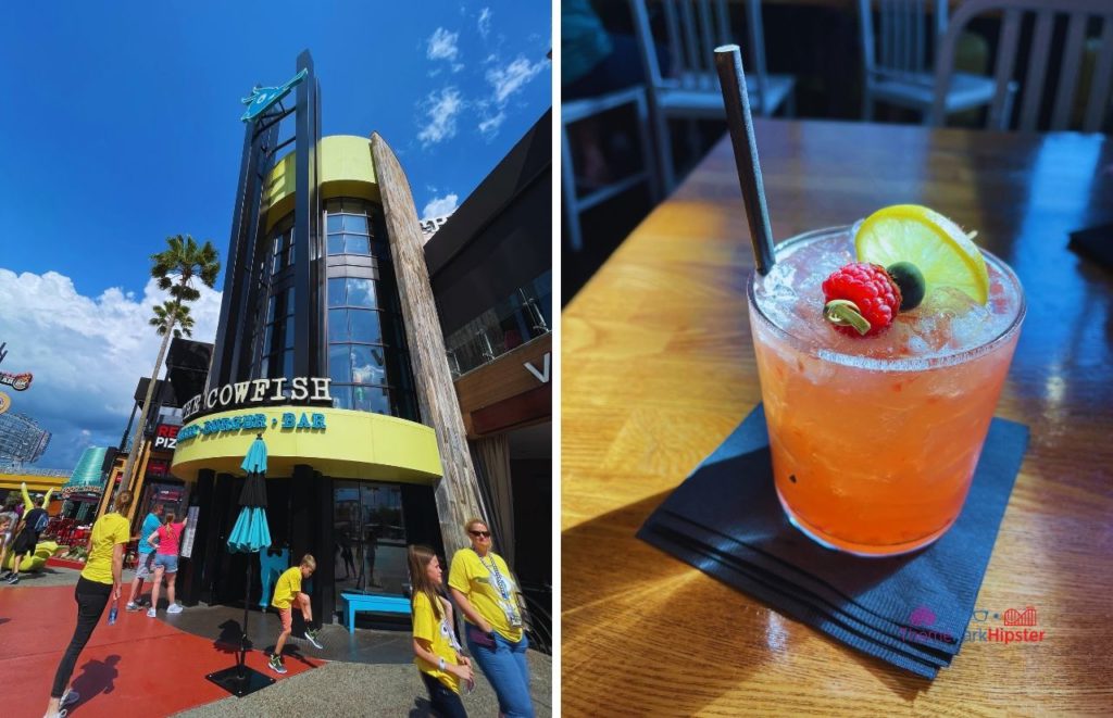 Universal Orlando Resort Cowfish in Citywalk with red cocktail. One of the best restaurants in Universal Orlando CityWalk.