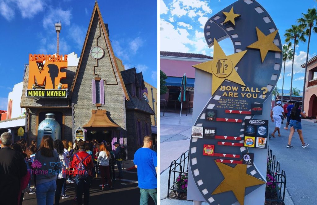 Universal Orlando Resort Despicable Me Minion Mayhem Entrance next to Universal Studios Height Requirements Sign. Keep reading to get the best movies to watch before going to Universal Studios and Islands of Adventure.