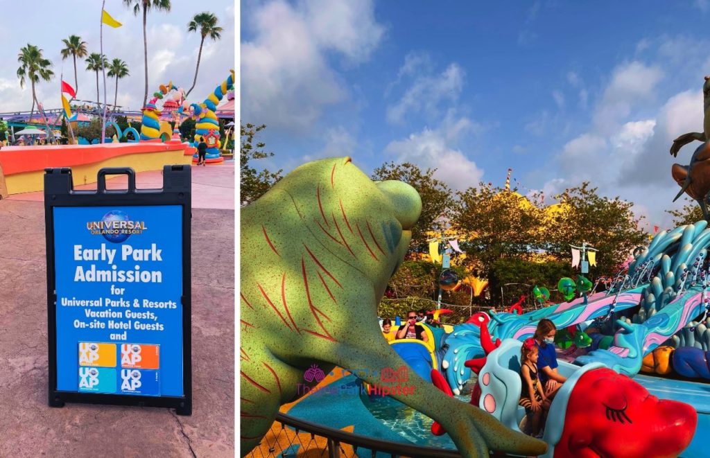 Blue sign for Early Park Admission for Annual Passholders next to Seuss Landing Fish Ride at Islands of Adventure. Keep reading to to find out more Mistakes to Avoid at Universal Orlando Resort!