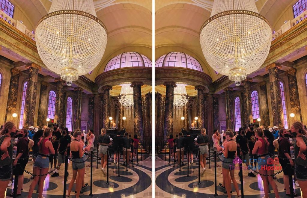 Universal Orlando Resort Harry Potter and the Escape from Gringotts Bank Lobby with Giant Chandelier Harry Potter World Diagon Alley. One of the best Universal Studios Orlando Rides for Solo Travelers.