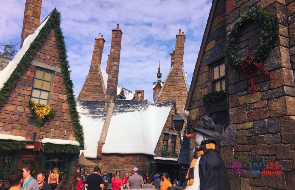 Universal Orlando Resort Hogsmeade in the Wizarding World of Harry Potter with snowman Islands of Adventure
