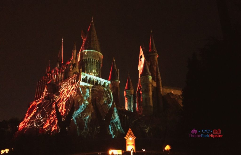 Nighttime Lights at Hogwarts in The Wizarding World of Harry Potter Universal Studios Hollywood. 