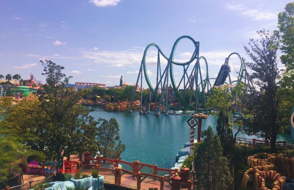 Universal Orlando Resort Hulk Roller Coaster Overlooking the Lagoon Islands of Adventure. Keep reading to get the best Universal's Islands of Adventure photos!