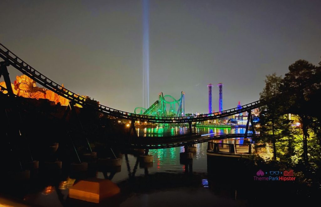 Universal Orlando Resort Jurassic Park Velocicoaster at Night in Islands of Adventure with Dr Doom and Hulk