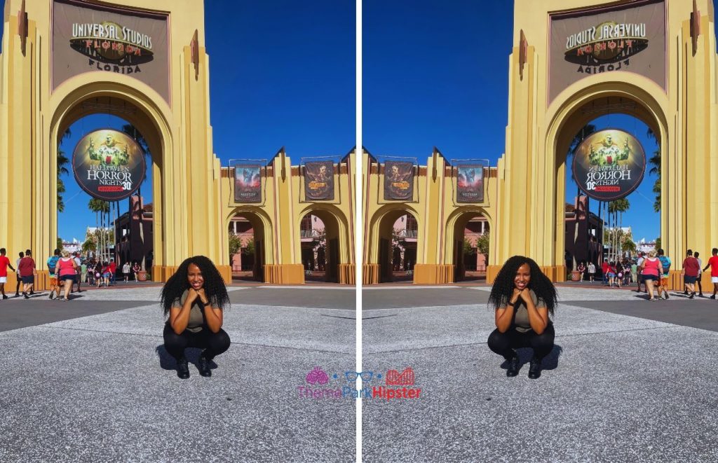 Universal Orlando Resort NikkyJ in front of Arches at HHN Universal Studios Halloween Horror Nights. Keep reading to know which is better Disney World vs Universal Studios.