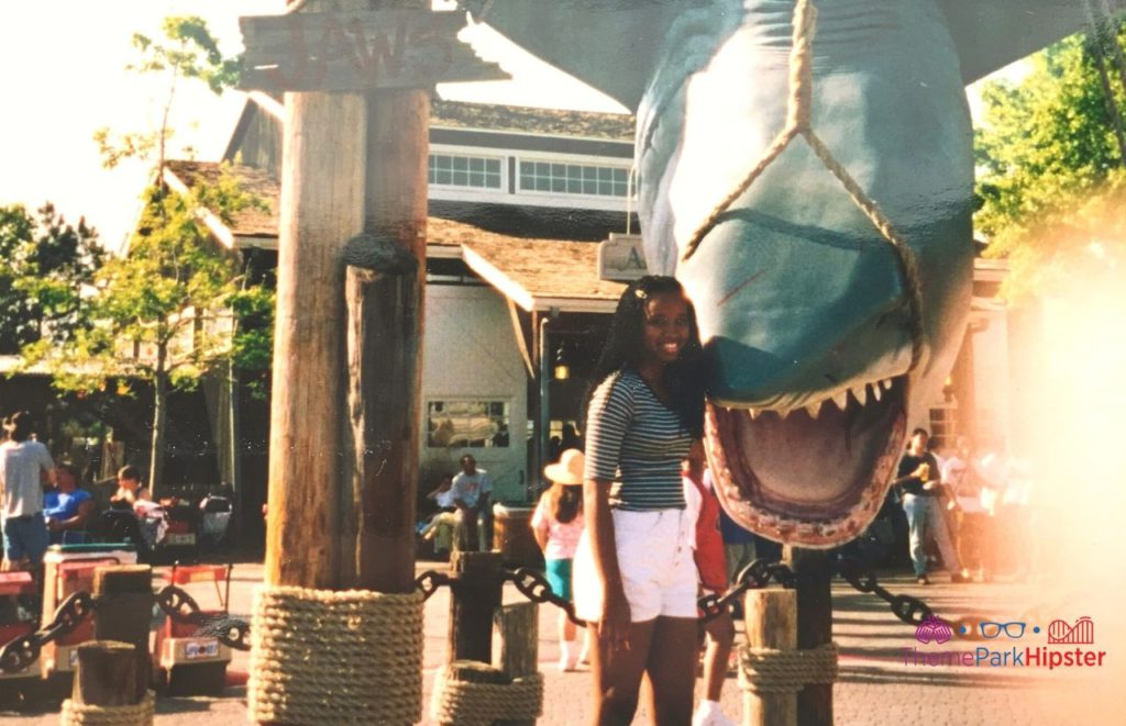 Universal Orlando Resort NikkyJ in front of classic Jaws ride standing next to Bruce the shark in 1997