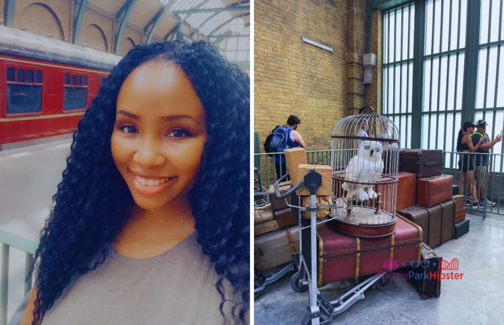 NikkyJ next to Hogwarts Express and Hedwig the white owl in Harry Potter World Diagon Alley at Universal Studios at Universal Orlando Resort. Keep reading to discover the top things to do on a Universal Studios solo trip.