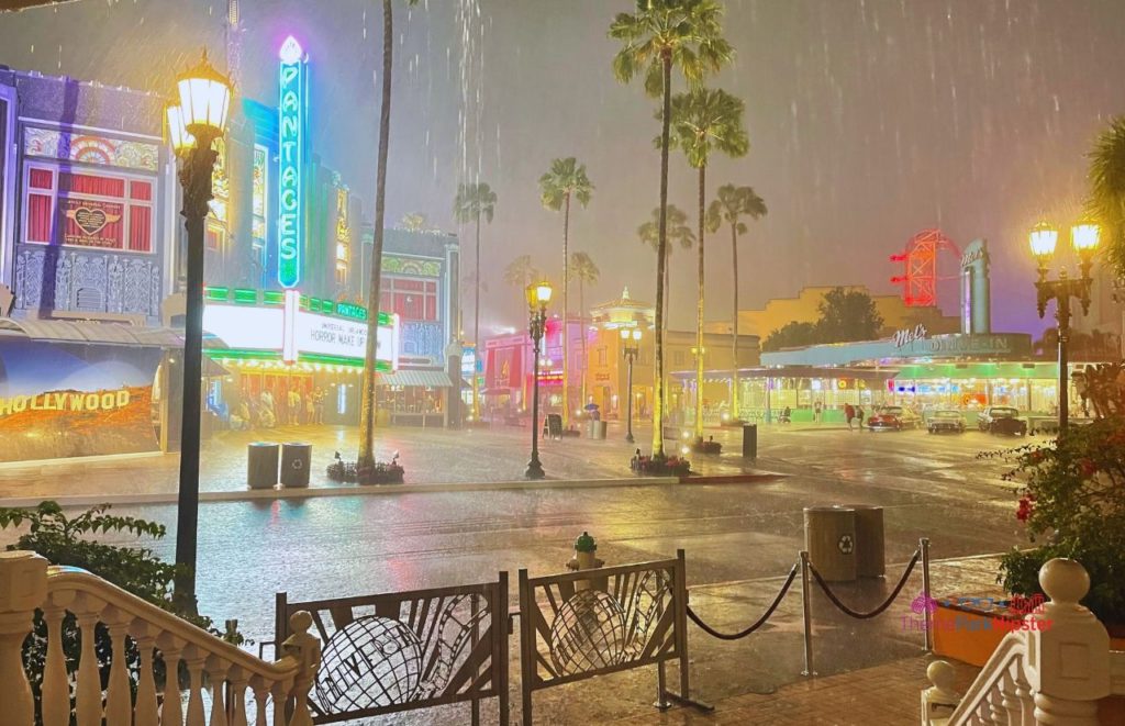 Universal Orlando Resort Rainy night in front of Horror Make Up Show and Mels Drive In at Universal Studios Florida. Keep reading to know what to bring to Halloween Horror Nights in your HHN packing list.