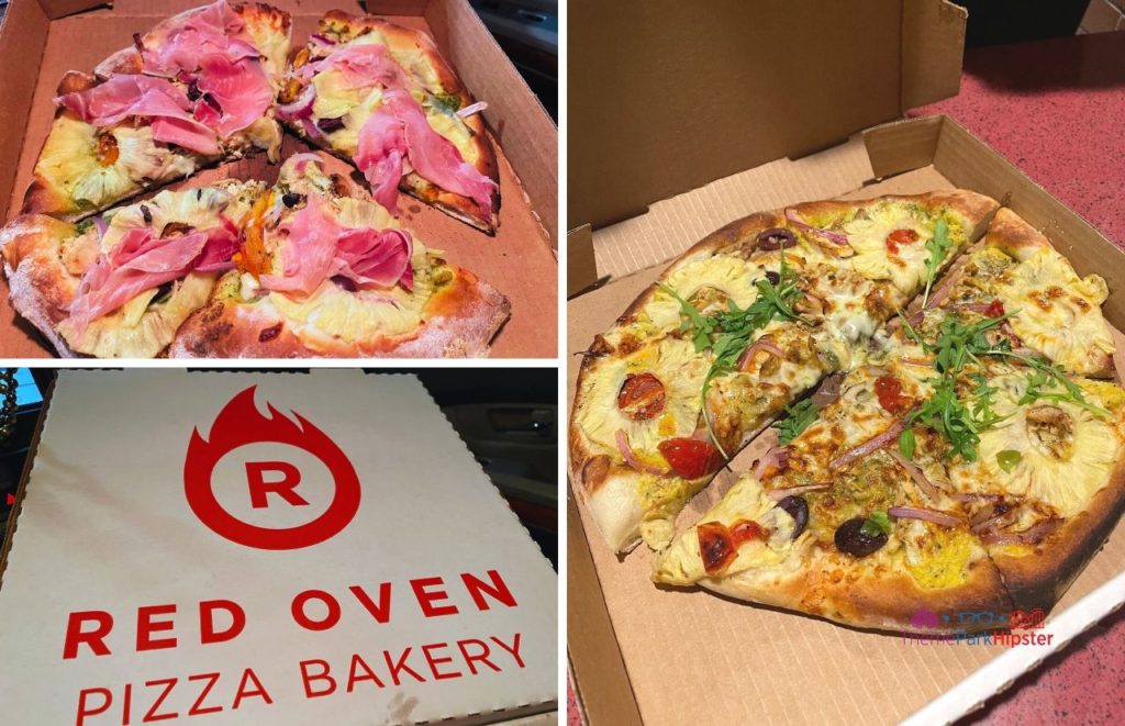 Universal Orlando Resort Red Oven Chicken Pizza with arugula, artichoke red onions olives and pineapples