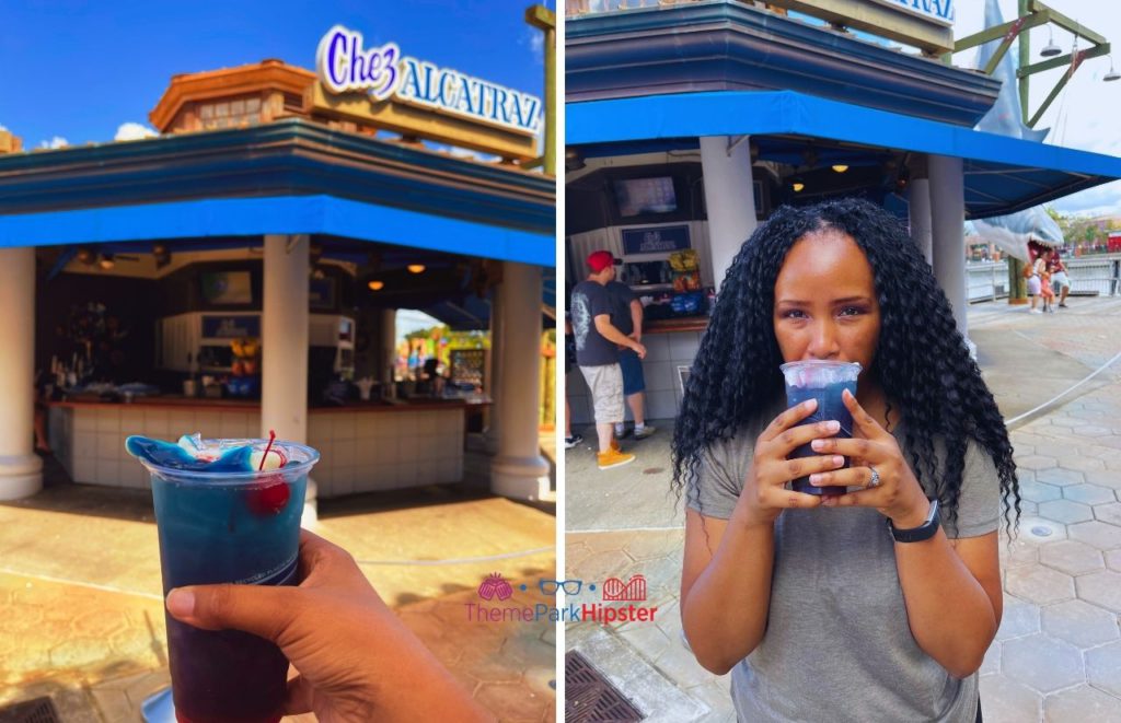 Universal Orlando Resort Solo Trip with NikkyJ enjoying Shark Attack Drink in Chez Alcatraz at Universal Studios Florida. One of the best cocktails and drinks at Universal Orlando.