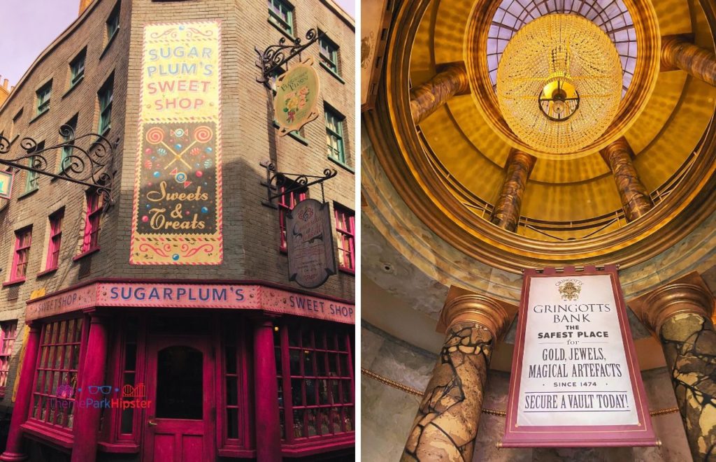 Universal Orlando Resort Sugar Plums Sweet Shop and Gringotts Bank in Diagon Alley at Harry Potter World
