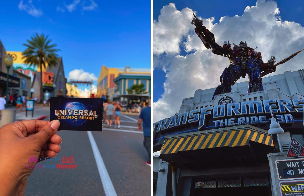 Universal Orlando Resort Ticket next to Transformers the Ride 3D at Universal Studios Florida. Keep reading to learn how to get free Universal Studios tickets with the 2 park 2 day ticket.