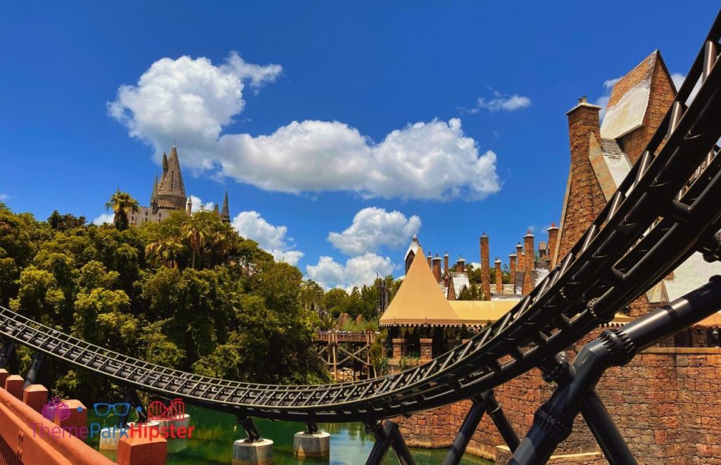 Universal Orlando Resort Velocicoaster overlooking Hogwarts Castle at Islands of Adventure. Keep reading to get the best Groupon Universal Studios Orlando Deal and Cheap Tickets.