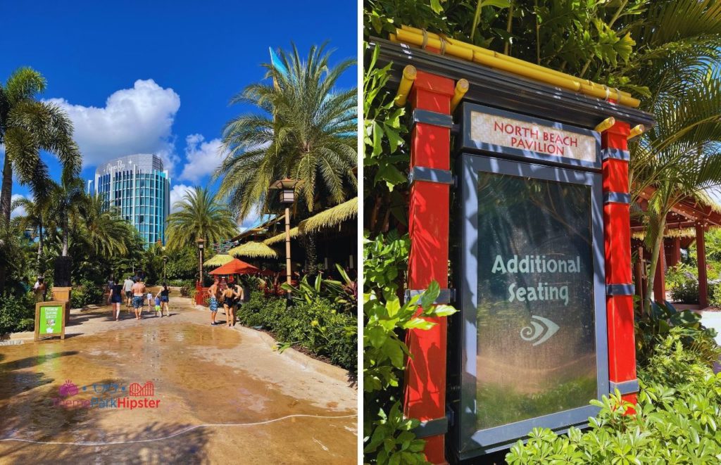 Universal Orlando Resort Volcano Bay  Cabana Bay in the background with additional seating sign