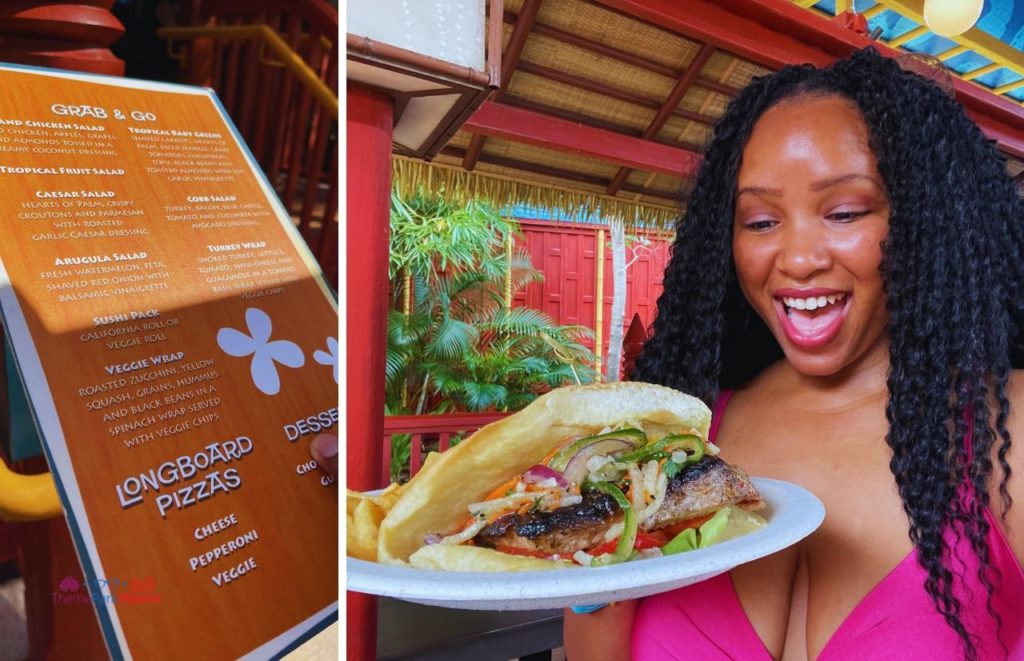 Universal Orlando Resort Volcano Bay NikkyJ eating mahi fish sandwich at Kohola Reef. Keep reading to get the full guide to the Universal Orlando Mobile Order Service.