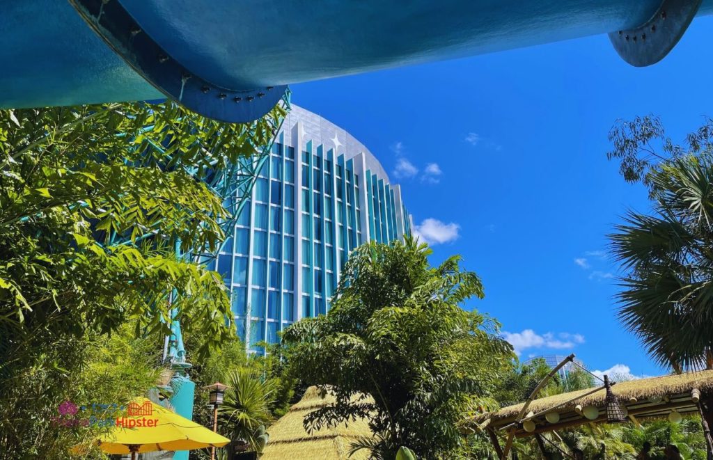 Universal Orlando Resort Volcano Bay Water Slide with Cabana Bay Resort in the background
