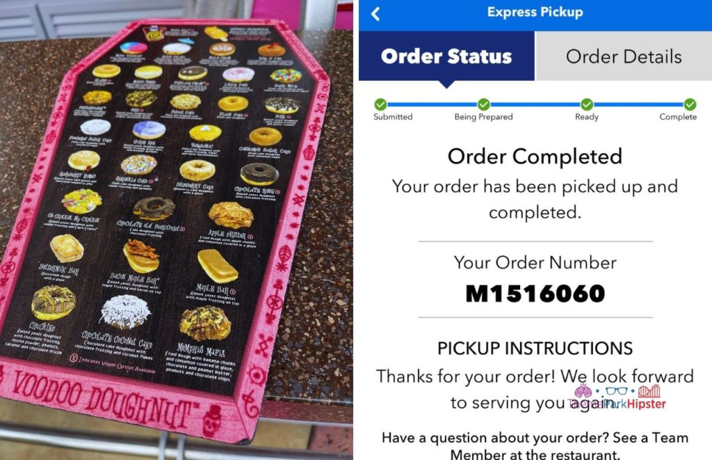 Screencap of the Universal Orlando Resort Voodoo Doughnut Menu for Mobile Ordering. The menu features 30 deluxe donuts, while the app displays a Order Stature an Confirmation Number. Keep reading to to find out more Mistakes to Avoid at Universal Orlando Resort!