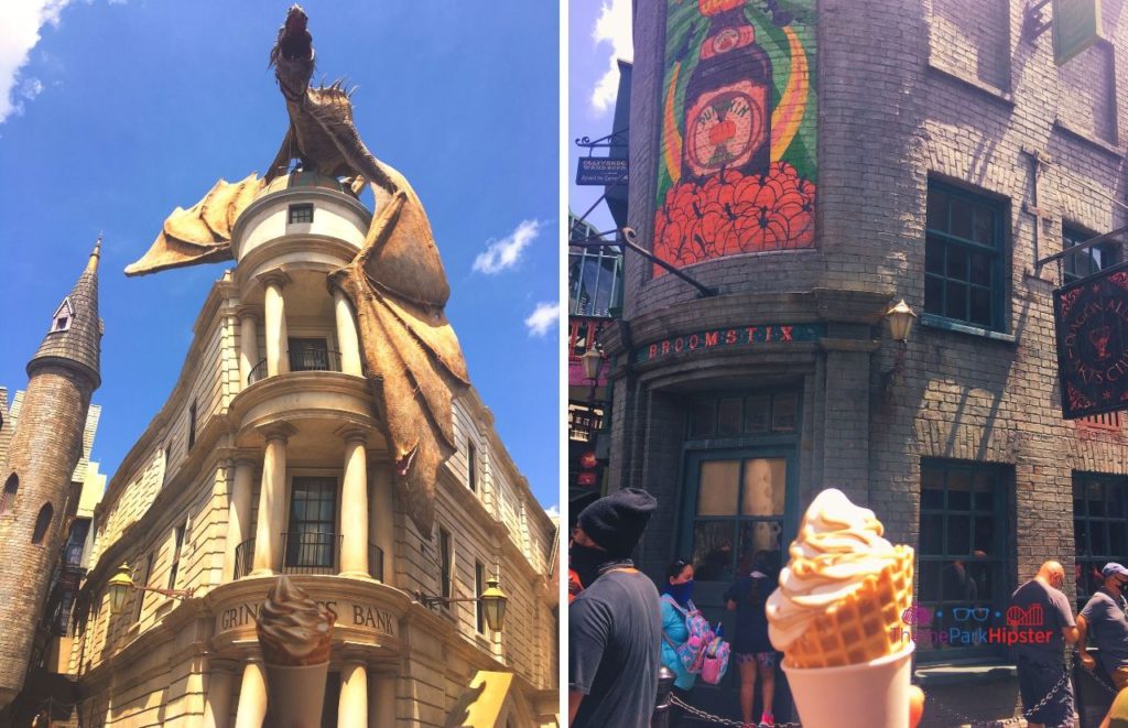 Universal Orlando Resort butterbeer soft serve in front of Gringotts bank and pumpkin juice sign at Florean Fortescues Ice Cream Shop in the Wizarding World of Harry Potter Diagon Alley. Keep reading to discover the top things to do on a Universal Studios solo trip.