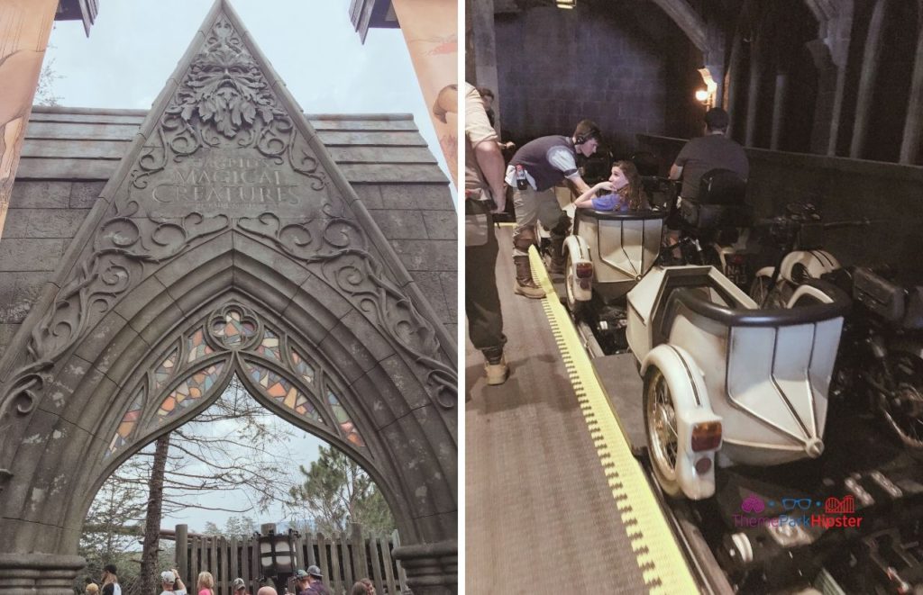 Universal Orlando Resort entrance to Hagrids Magical Creatures Motorbike Adventure at Islands of Adventure Wizarding World of Harry Potter Hogsmeade. One of the best roller coasters in Florida.