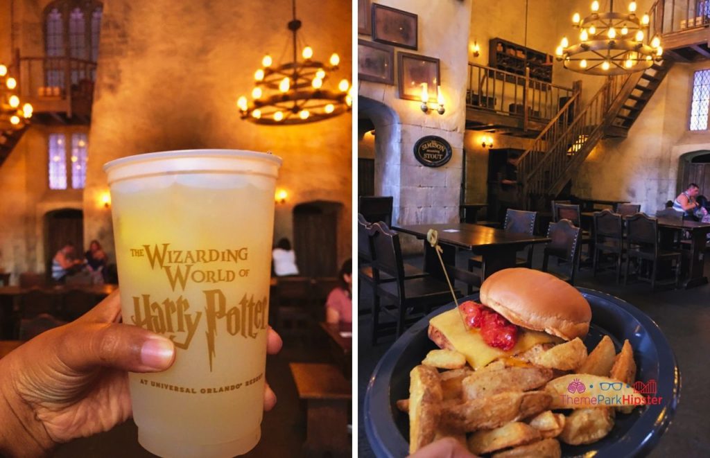 Universal Orlando Resort nice lemon drink and chicken dinner at The Leaky Cauldron of Diagon Alley in the Wizarding World of Harry Potter. Keep reading to get the full guide to the Universal Orlando Mobile Order Service.