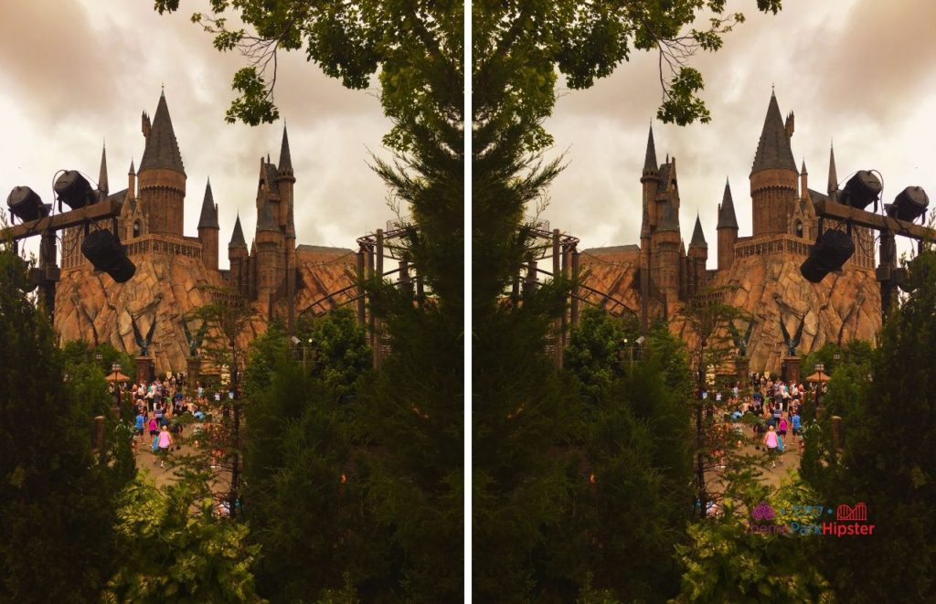 Universal Orlando Resort view of Hogwarts Castle from Hagrids Magical Creatures Motorbike Adventure at Islands of Adventure at the Wizarding World of Harry Potter.